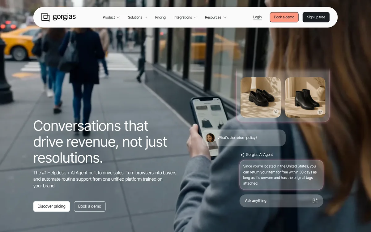 Gorgias homepage describing its AI-powered ecommerce customer support help desk.