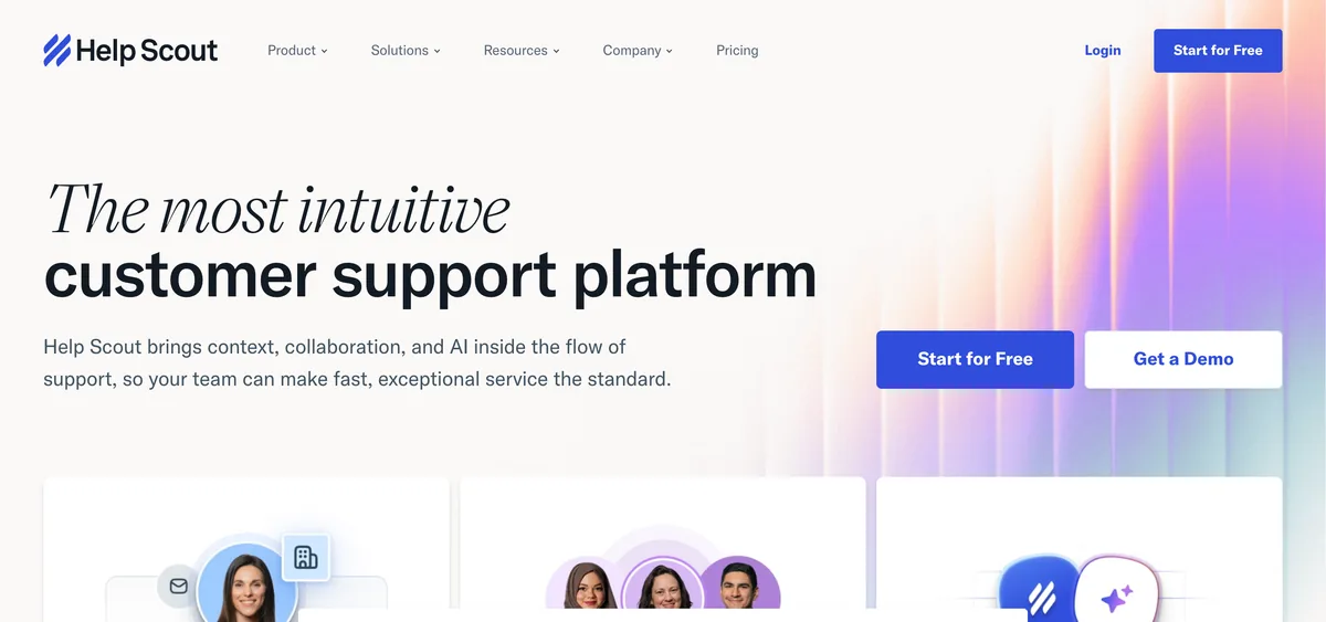 Help Scout homepage describing its customer support platform and AI agents.