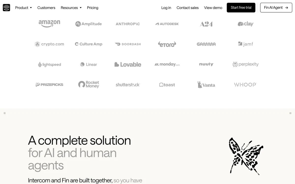 Intercom homepage describing its help desk built around the Fin AI Agent.