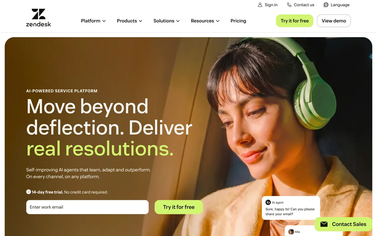Zendesk homepage describing its AI-powered customer service and help desk platform.