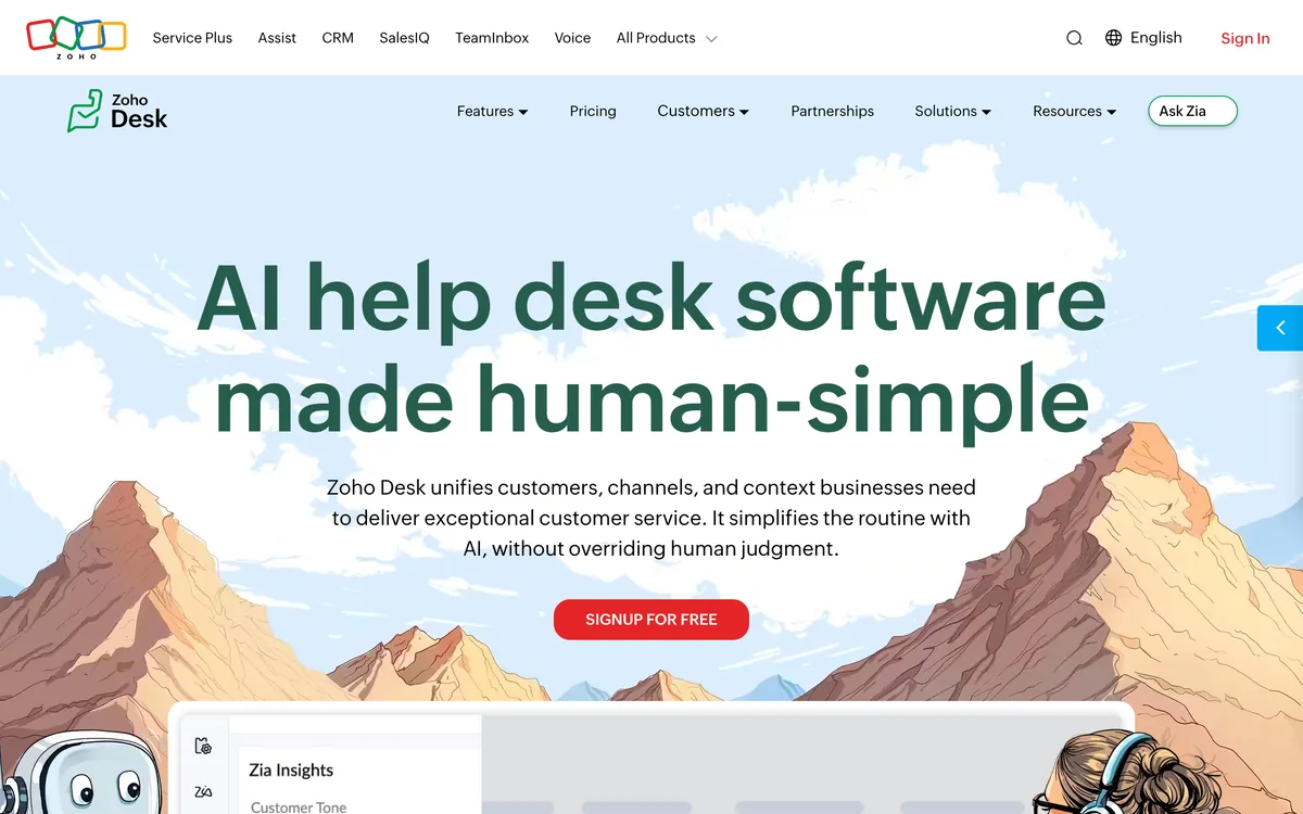 Zoho Desk homepage describing its customer service help desk software with Zia AI.