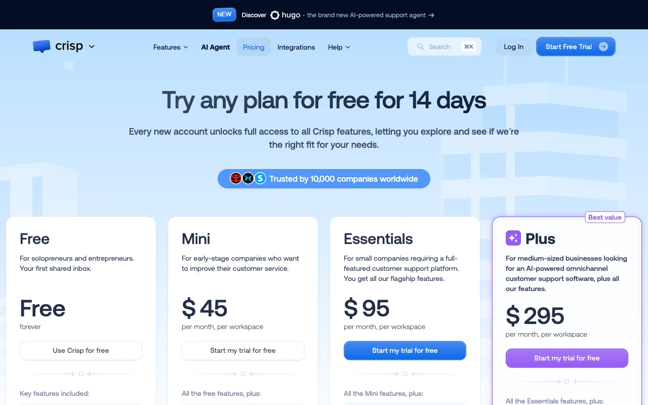 Crisp pricing page showing Free, Mini, Essentials, and Plus workspace plans.