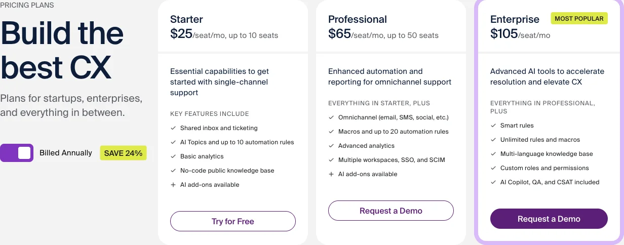 Front pricing comparison showing Starter, Professional, and Enterprise plans with shared-inbox and support features.