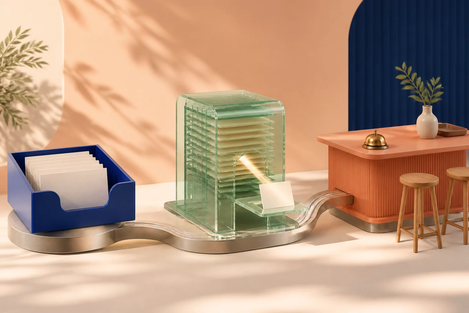 Editorial still life of a blue correspondence tray, transparent source archive, and coral human-service desk connected by a metal workflow rail.