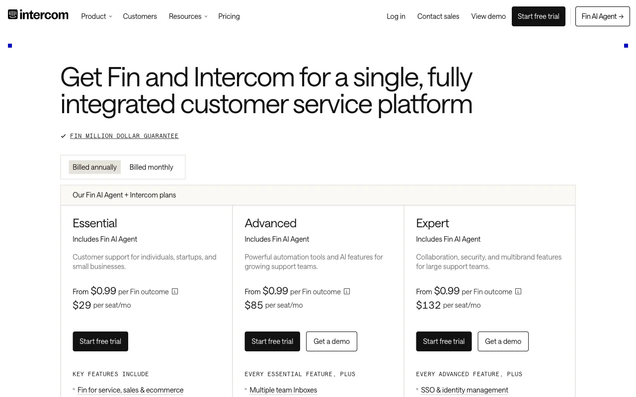 Intercom pricing page showing its Fin AI Agent plans and starting per-outcome price.