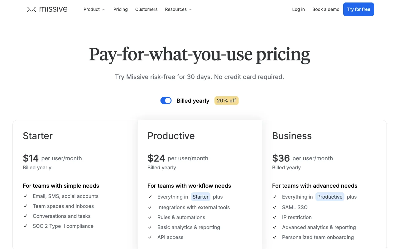 Missive pricing page showing yearly-billed Starter, Productive, and Business plans for collaborative inbox work.