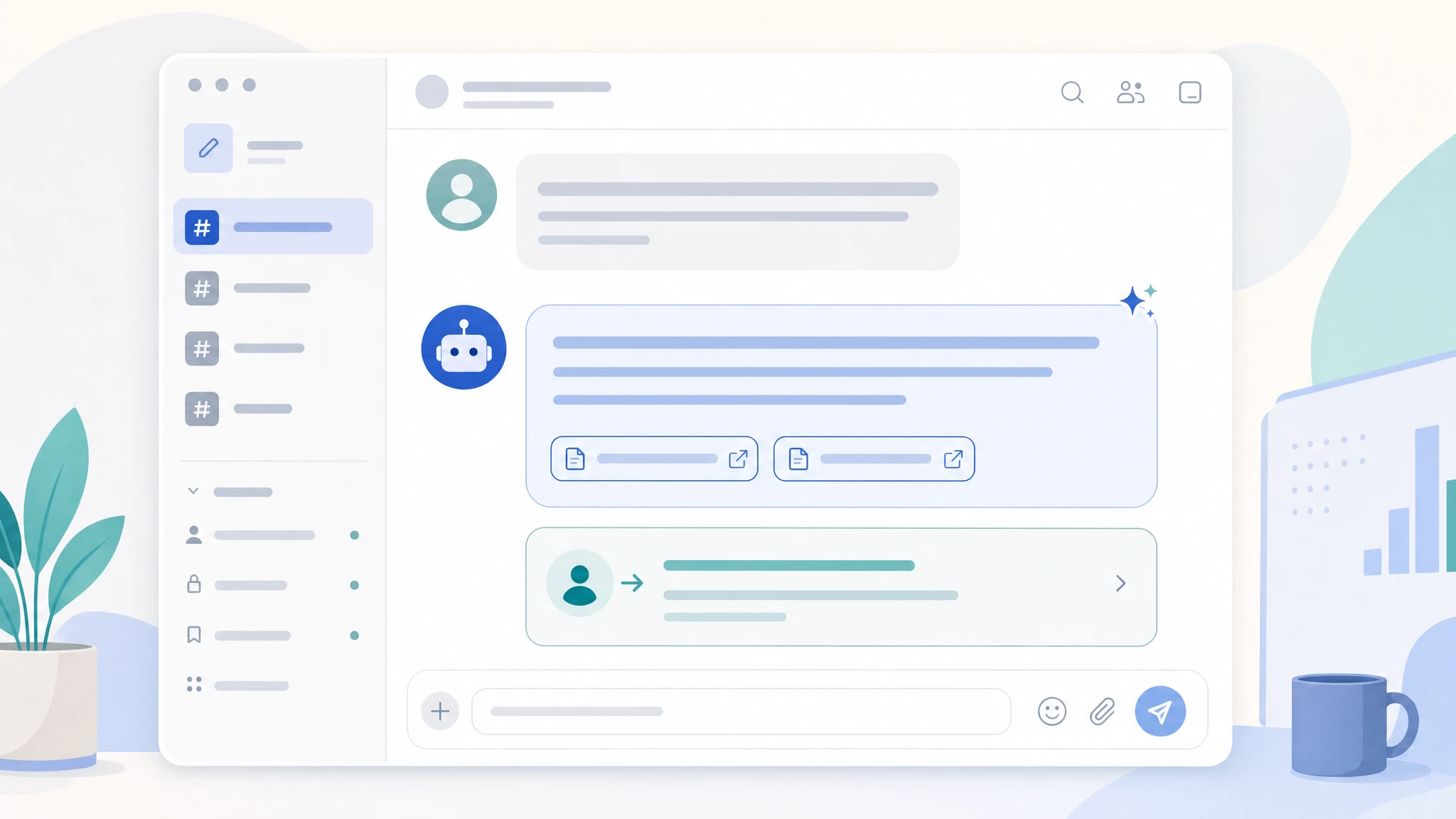 Editorial workflow visual showing a generic Workspace-style team chat support bot answer connected to trusted source cards, citation chips, and a human handoff packet, without any Google branding.
