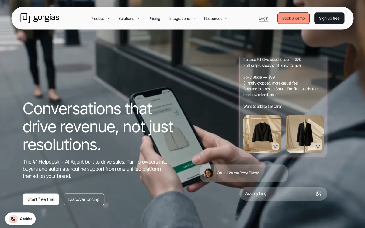 Gorgias homepage showing its ecommerce helpdesk and AI Agent positioning.