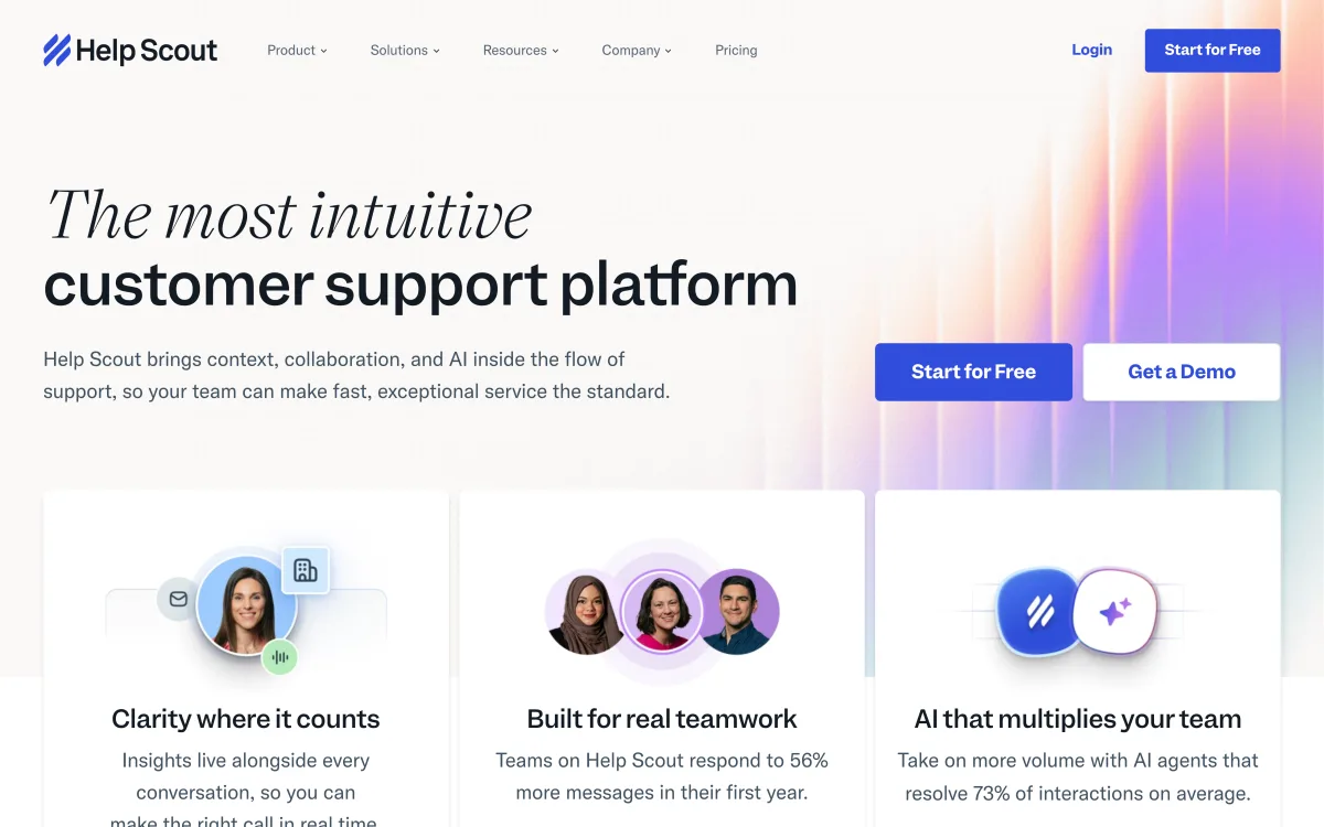 Help Scout homepage describing its customer support platform and AI agents.