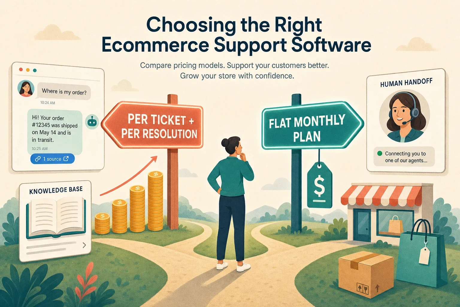 Editorial comparison illustration of an ecommerce support desk weighing AI support tools as Gorgias alternatives — a chat widget answering an order question, a knowledge base, a human handoff, and two pricing tags reading 'per ticket' and 'per session'.