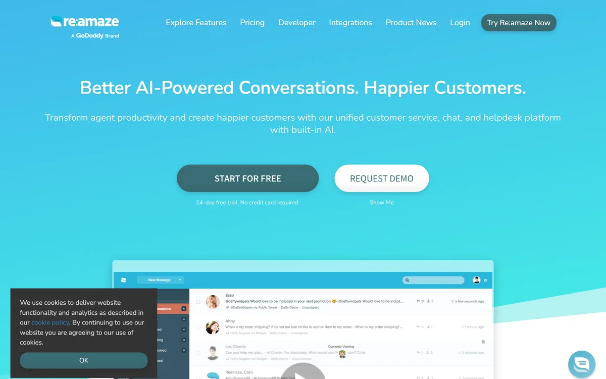 Re:amaze homepage showing its ecommerce helpdesk and per-user pricing positioning.