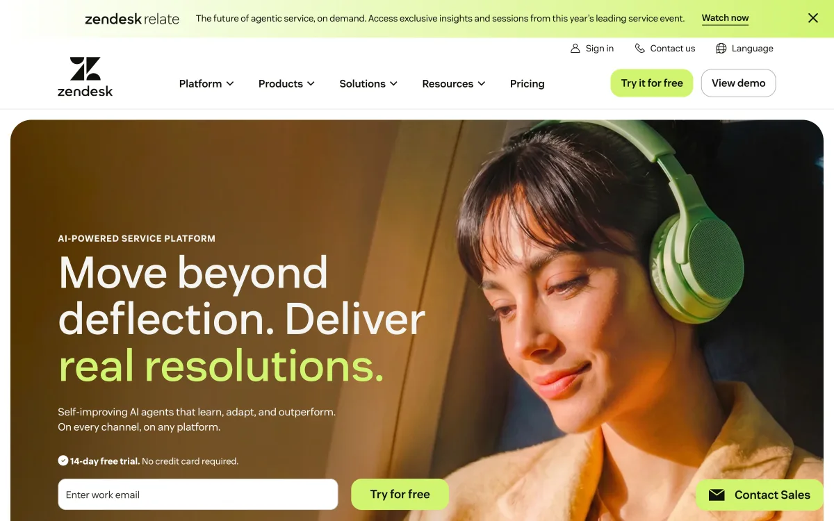Zendesk homepage showing its AI-powered service platform positioning.
