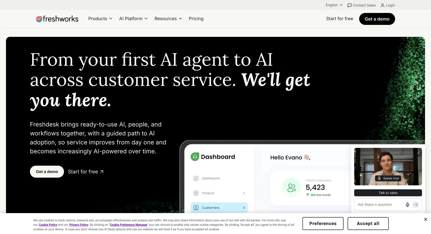 Freshdesk product page describing its AI-powered customer service platform.