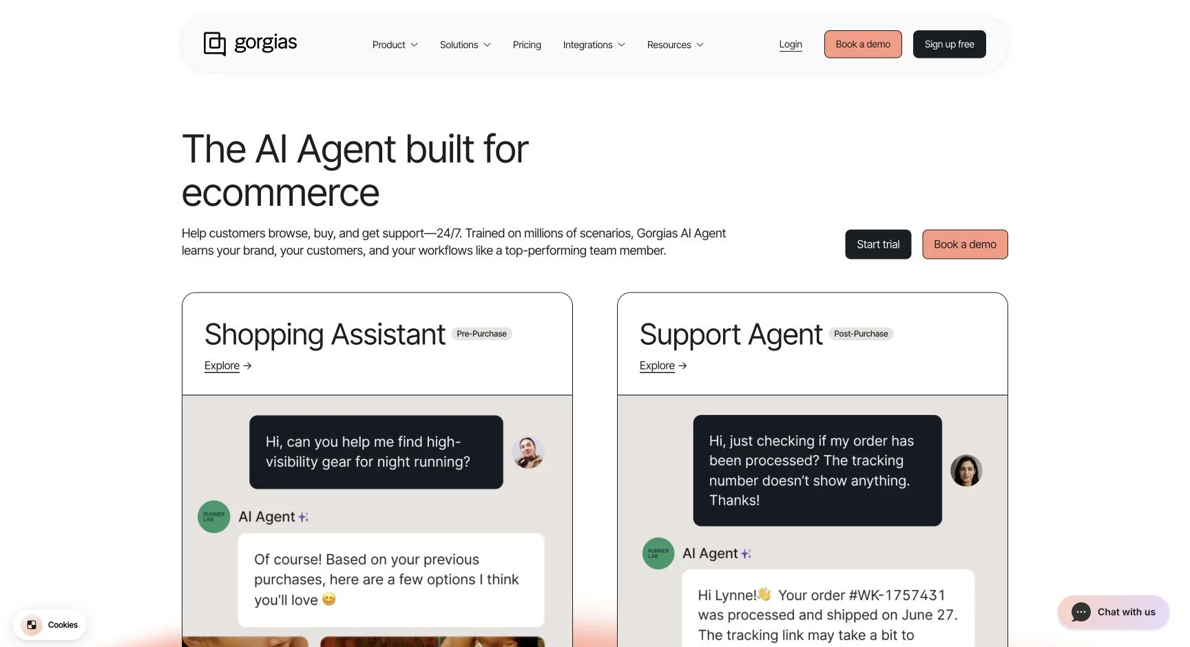 Gorgias AI Agent page showing its ecommerce customer-support positioning.
