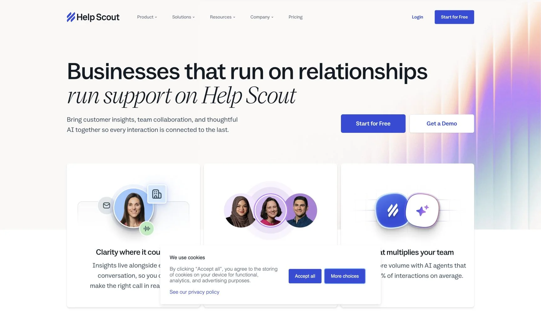 Help Scout homepage showing its shared-inbox and AI support positioning.
