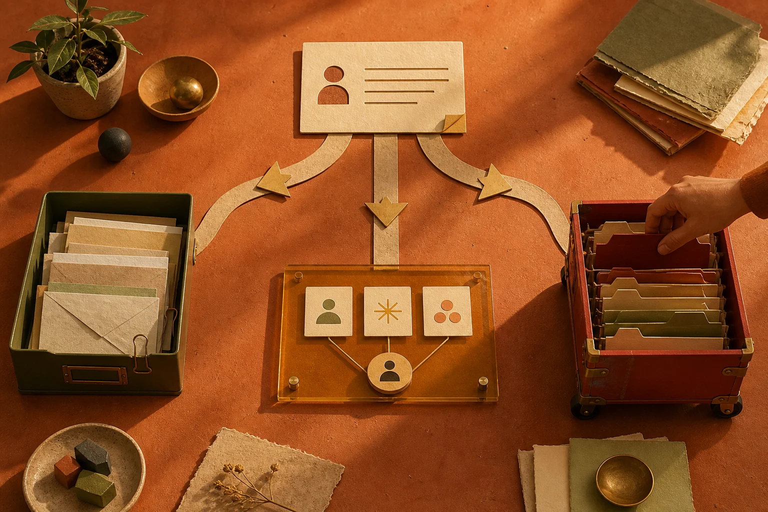 Warm editorial still life of one customer question splitting into three physical support-workflow paths: a shared inbox tray, a translucent source-and-handoff layer, and a reorganized archive cart.