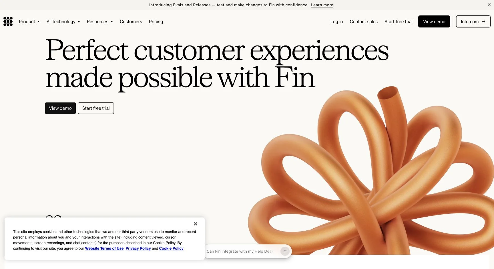 Intercom Fin product page describing its customer-facing AI agent.
