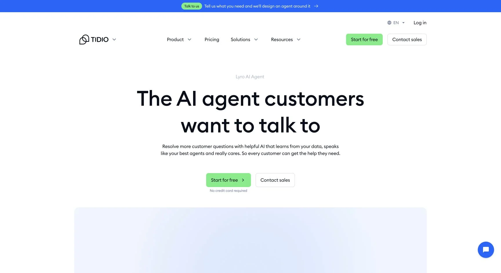 Tidio Lyro AI Agent page describing knowledge-based replies and human handoff controls.