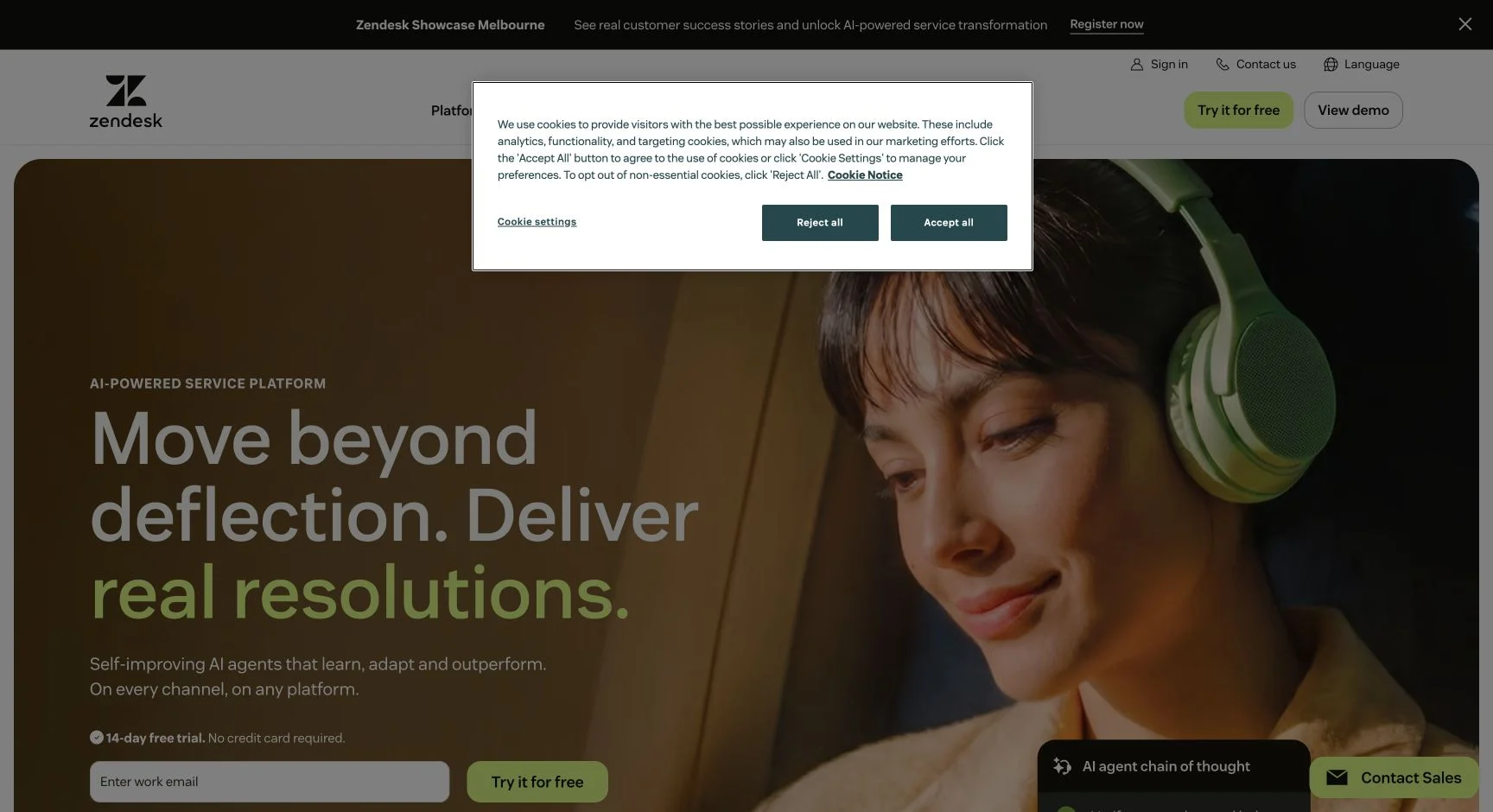 Zendesk homepage showing its AI-powered customer service platform.