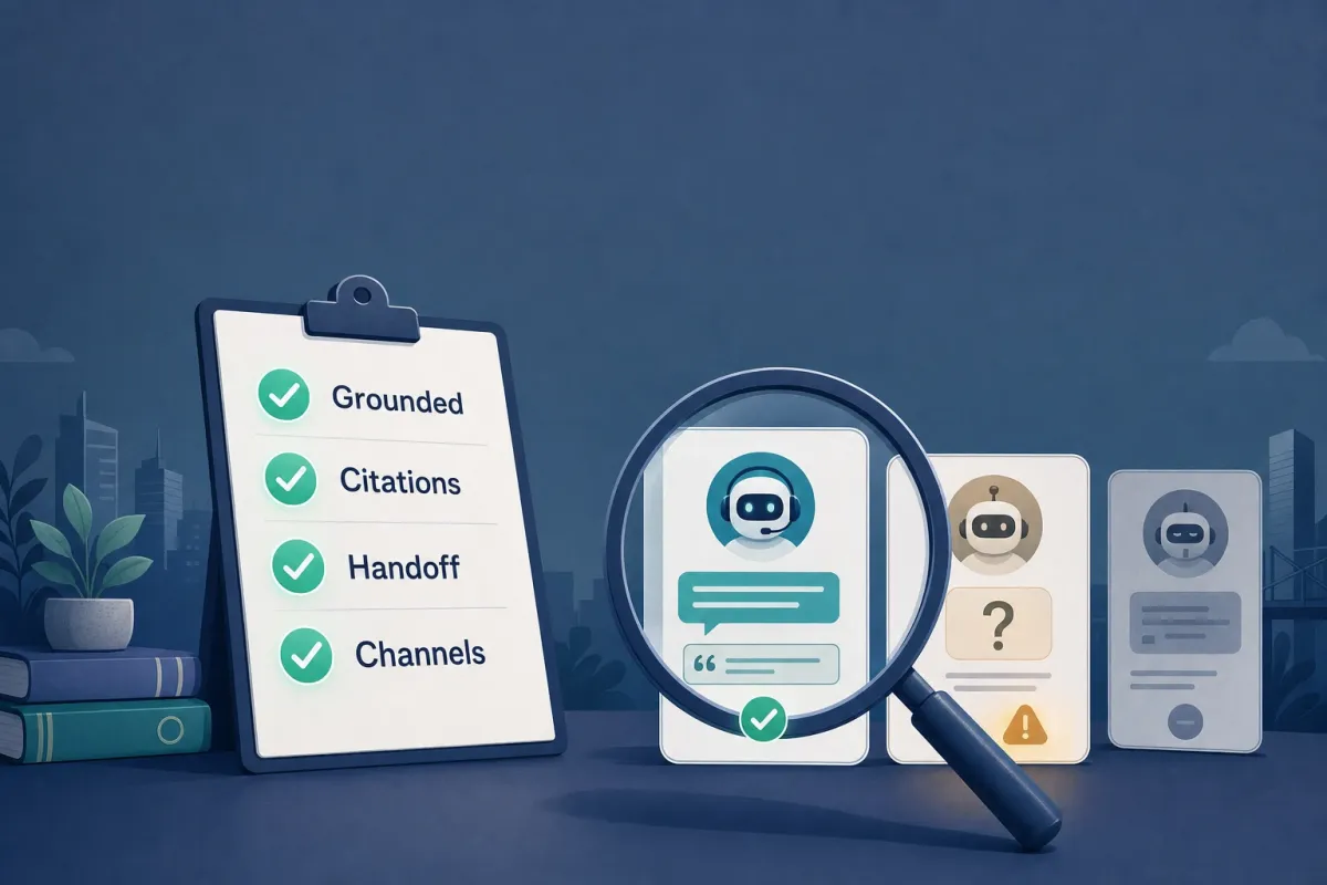 Editorial illustration of a buyer's checklist clipboard with green checks beside the labels Grounded, Citations, Handoff, and Channels, while a magnifying glass inspects three AI support agent cards — one showing a cited answer, one a question-mark mystery box with a warning, and one dimmed and set aside.