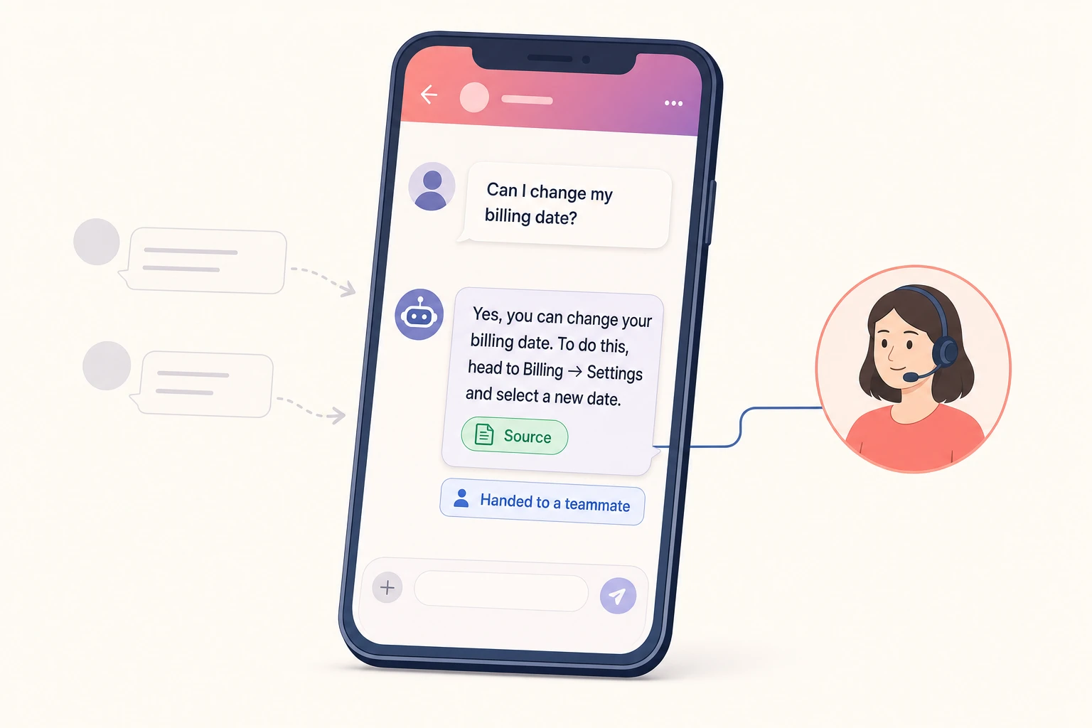Editorial illustration of a smartphone showing a social direct-message support chat: a customer question and an AI reply carrying a green 'Source' citation tag, plus a blue 'Handed to a teammate' badge, with a human operator connected to the conversation by a thin line. No competitor logos.