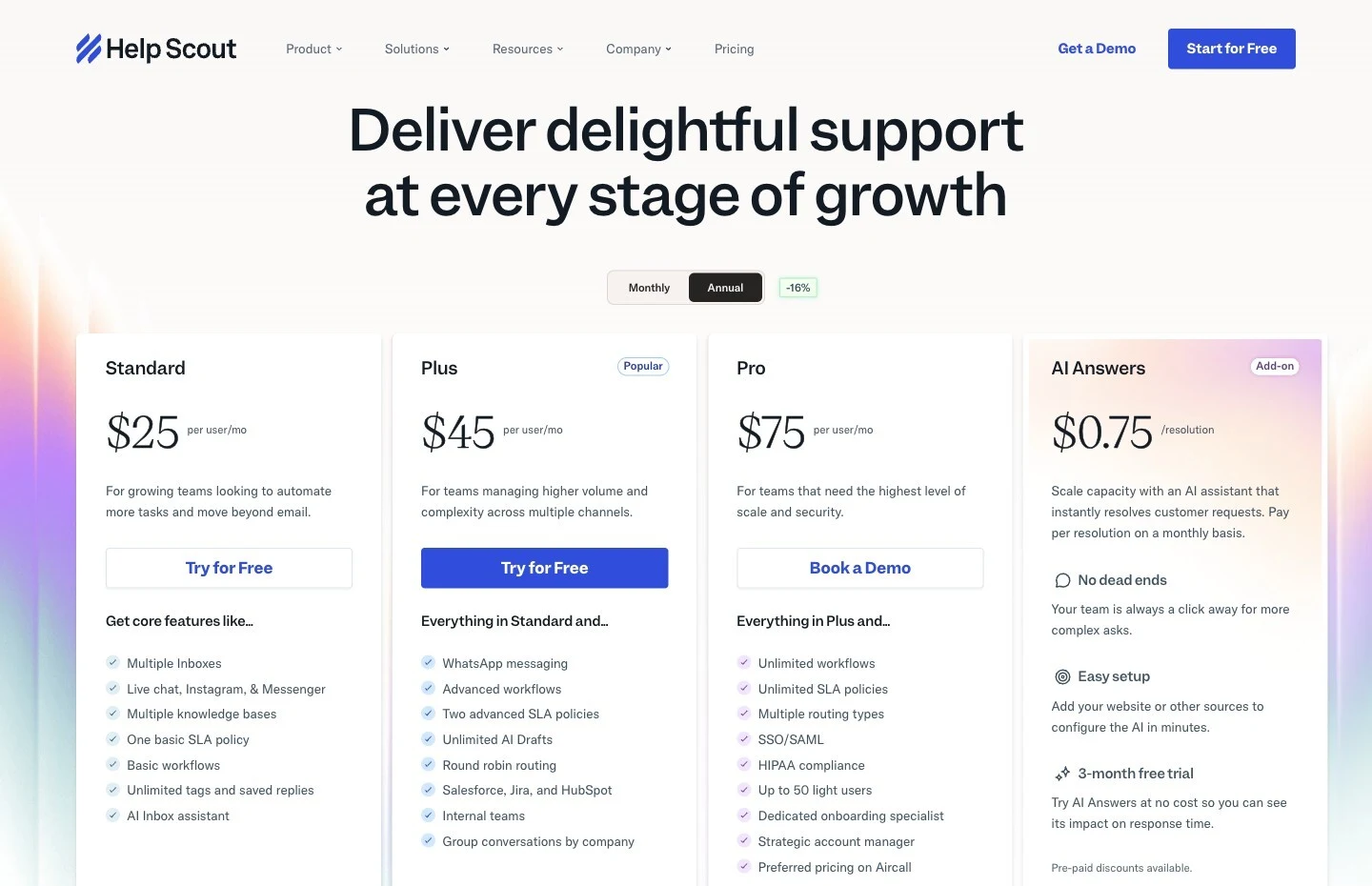 Help Scout pricing page showing its Standard, Plus, Pro, and AI Answers plans.