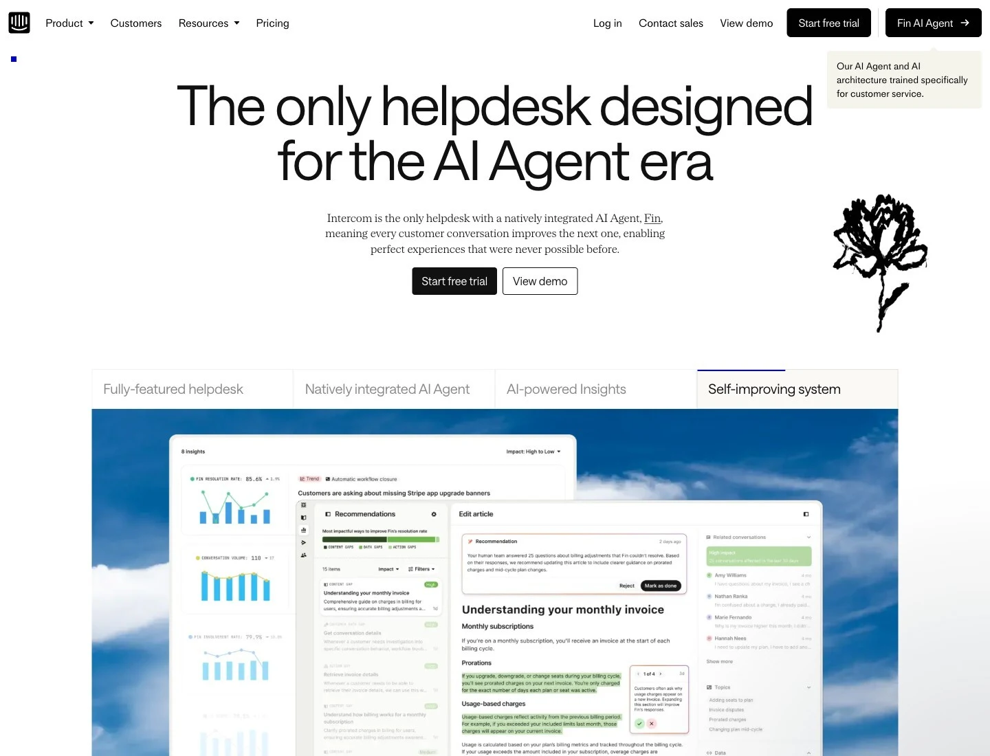 Intercom homepage showing its AI-agent-era helpdesk positioning.