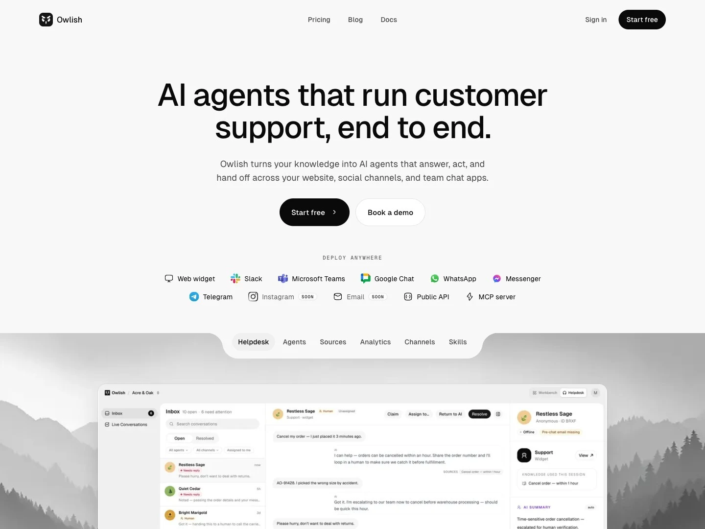 Owlish homepage showing its AI customer support positioning and channel coverage.