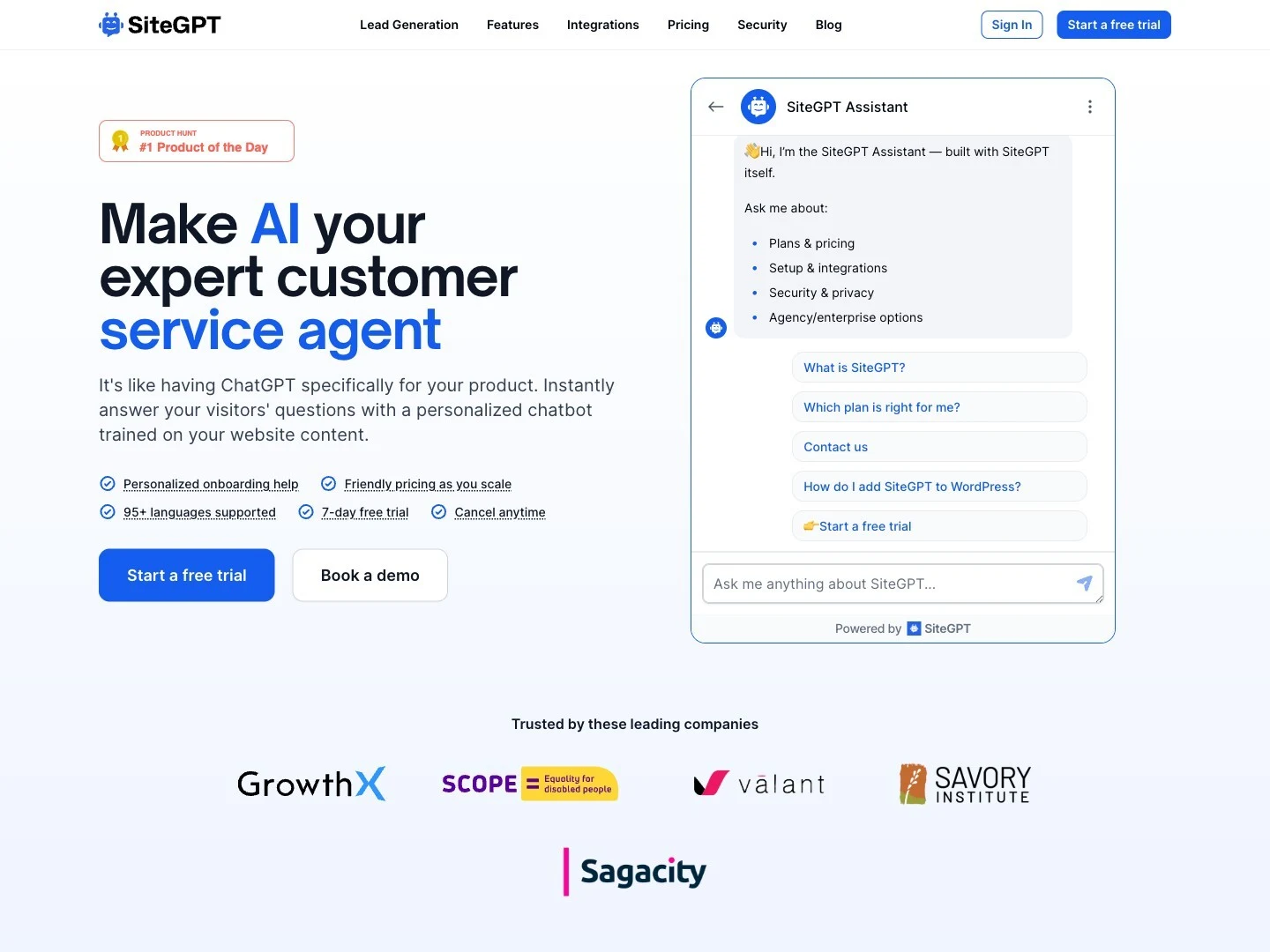 SiteGPT homepage showing its AI customer service agent positioning.