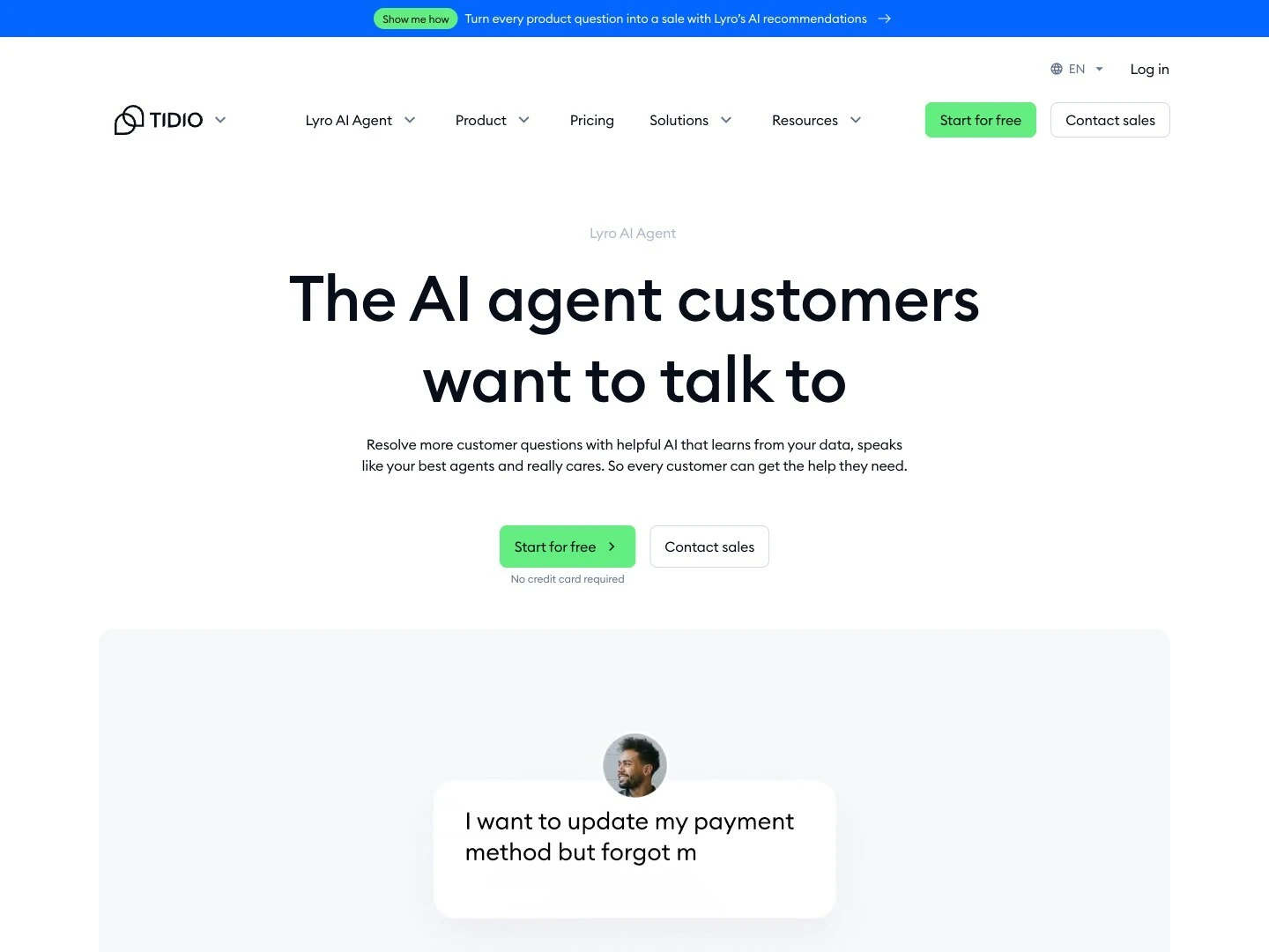 Tidio Lyro page showing its AI agent for customer service positioning.