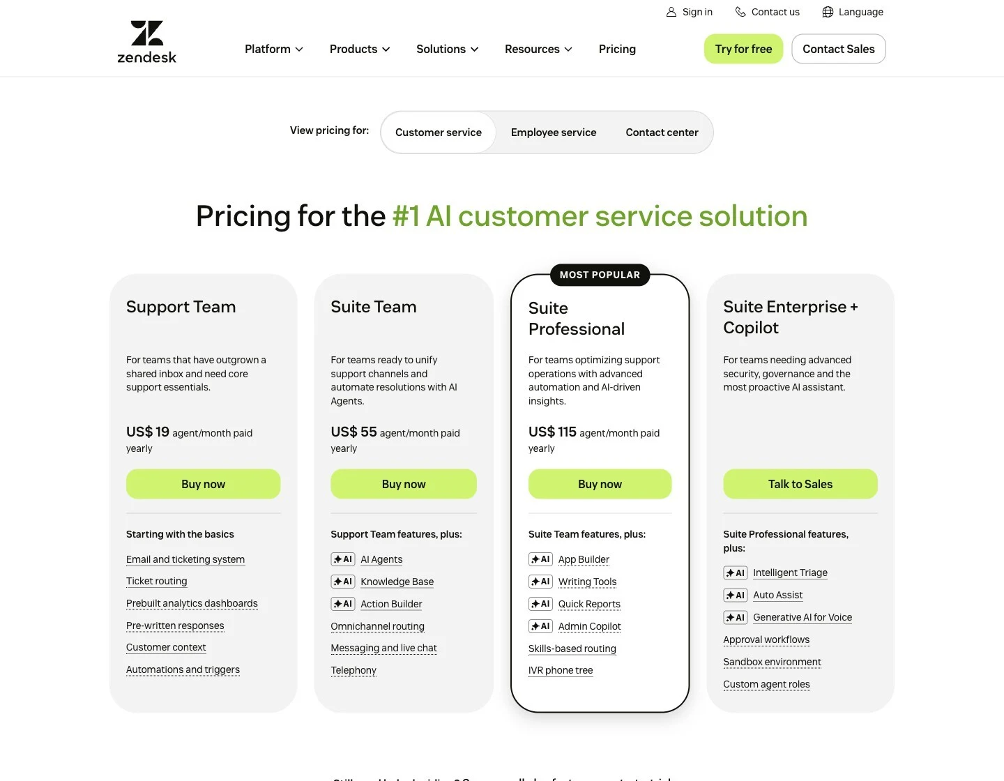 Zendesk pricing page showing its AI-enabled customer service tiers.
