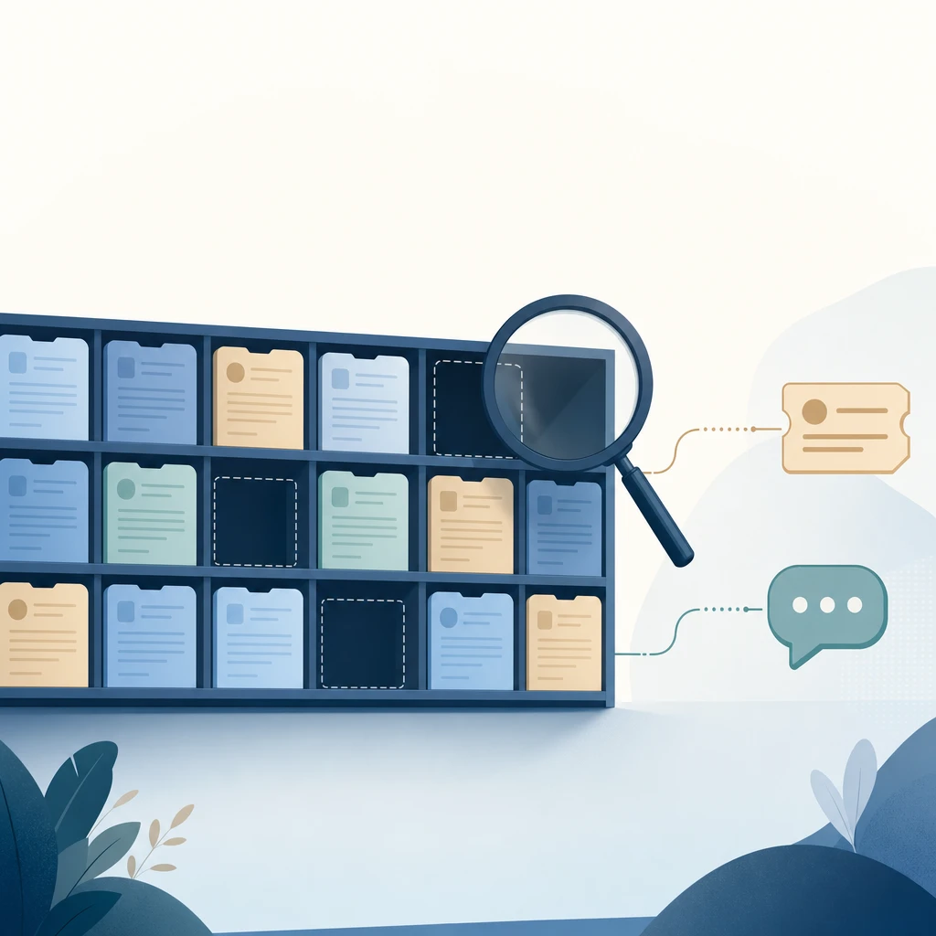 Flat-vector illustration of a knowledge base shelf with several full document slots and three empty gaps highlighted, with a magnifying glass over one gap and small ticket and chat icons feeding into it.