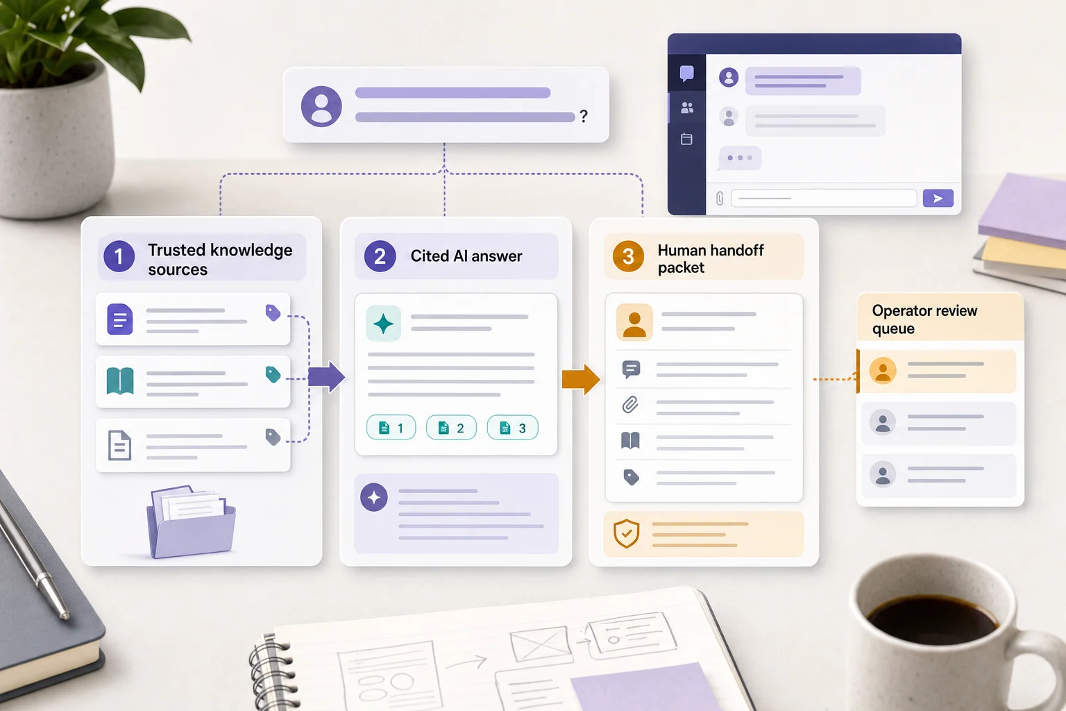 Editorial workflow visual showing a generic team chat support bot answer connected to trusted source cards, citation chips, and a human handoff packet.
