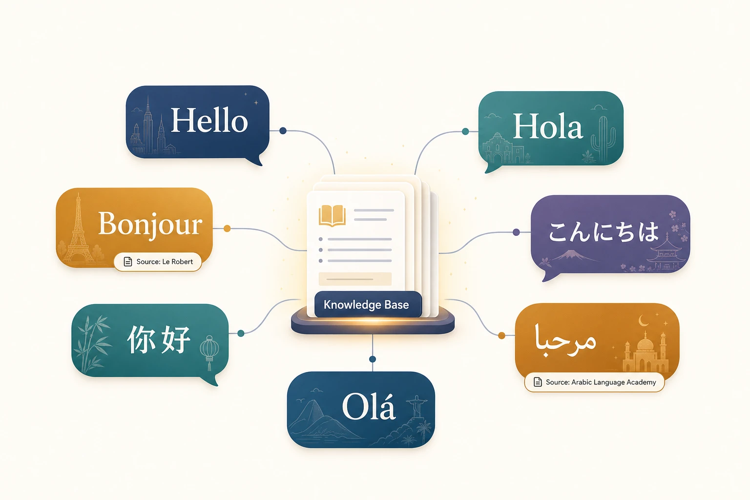 Editorial illustration of one central knowledge base connected by thin lines to chat bubbles greeting customers in English, Spanish, French, Japanese, Chinese, Arabic, and Portuguese, with small source citation chips.