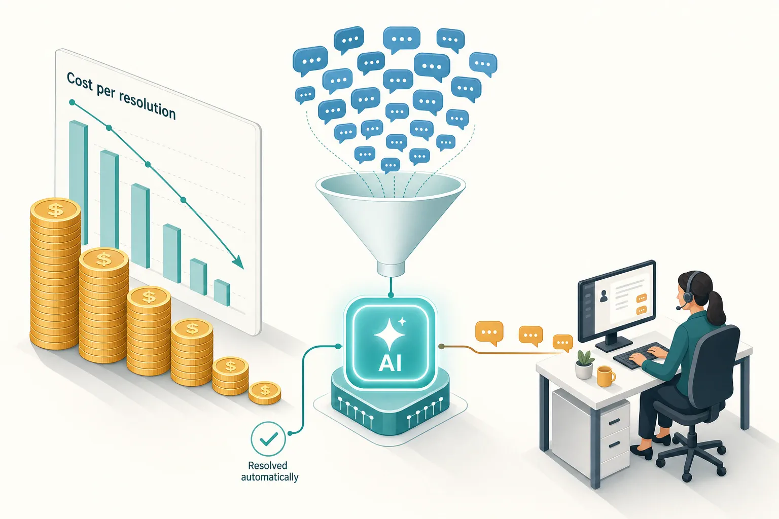 Isometric editorial illustration of customer support cost reduction: shrinking gold coin stacks and a downward 'cost per resolution' chart on the left, a funnel in the center where many chat bubbles are resolved by an AI agent node and only a few pass through to a single human support agent on the right.