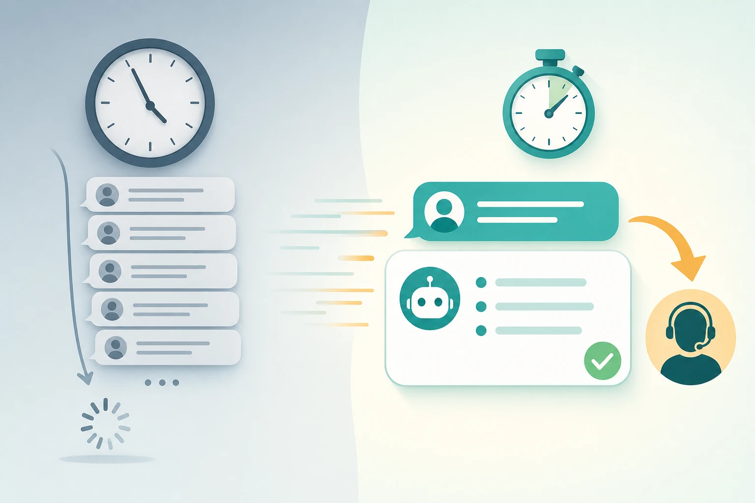 Editorial flat-vector illustration split into two halves: on the left, a long queue of waiting chat bubbles under a clock reading hours; on the right, the same conversation answered instantly with a clock reading seconds, an AI reply card, and a clean human-handoff arrow.