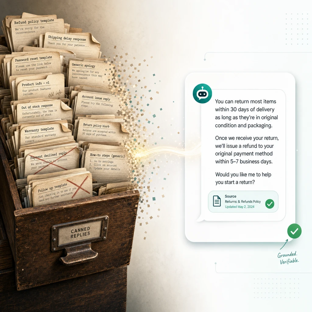 Editorial illustration showing a cluttered card-file drawer of paper canned-response templates on the left dissolving into a single clean AI chat reply with a highlighted source citation on the right, representing the shift from maintained macros to grounded AI answers.
