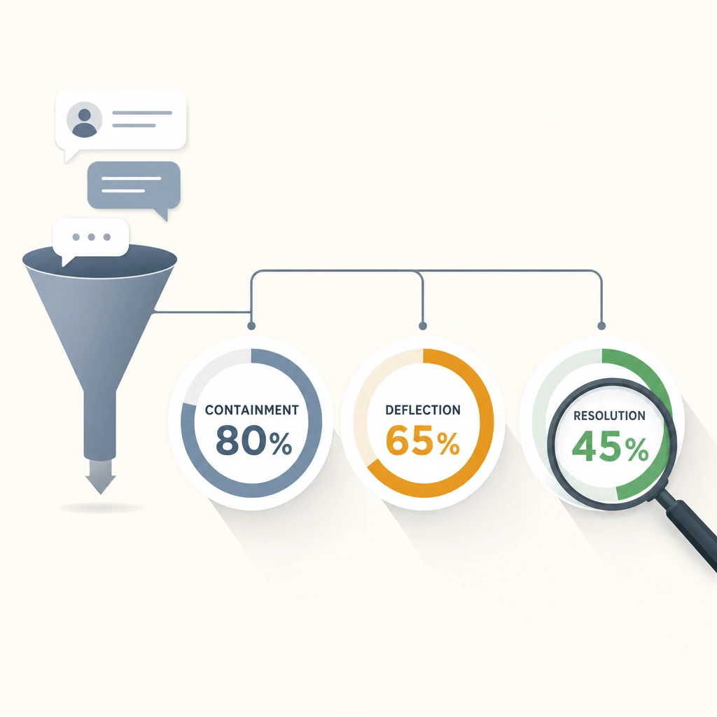 Flat-vector editorial diagram of one support conversation funnel splitting into three separate gauges labeled Containment 80%, Deflection 65%, and Resolution 45%, with a magnifying glass over the lowest gauge to show the real number is the smallest one.