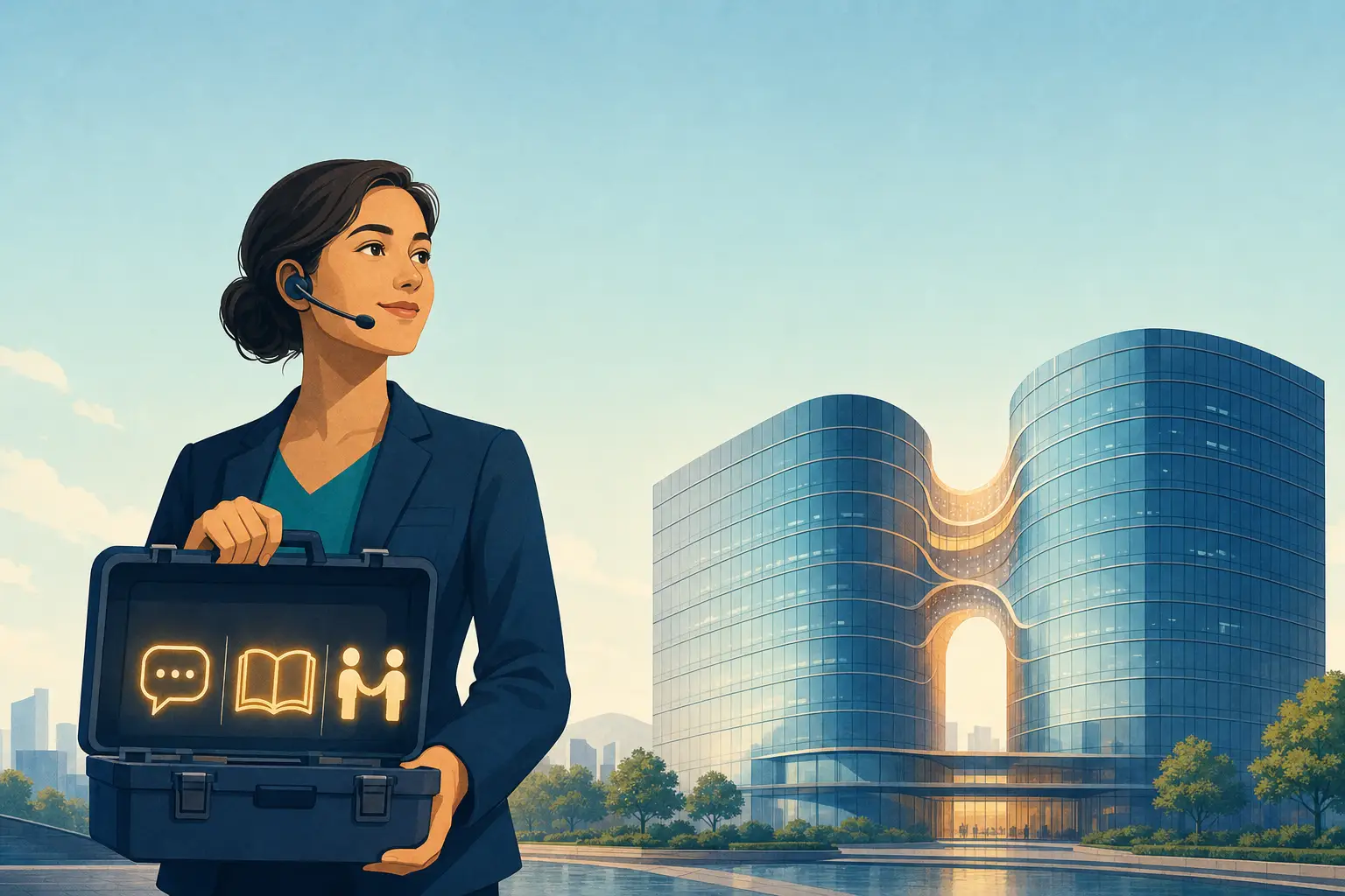 Editorial illustration of a customer support team reassessing its tooling after a vendor acquisition, with a knowledge base, chat widget, and human handoff on a workbench.