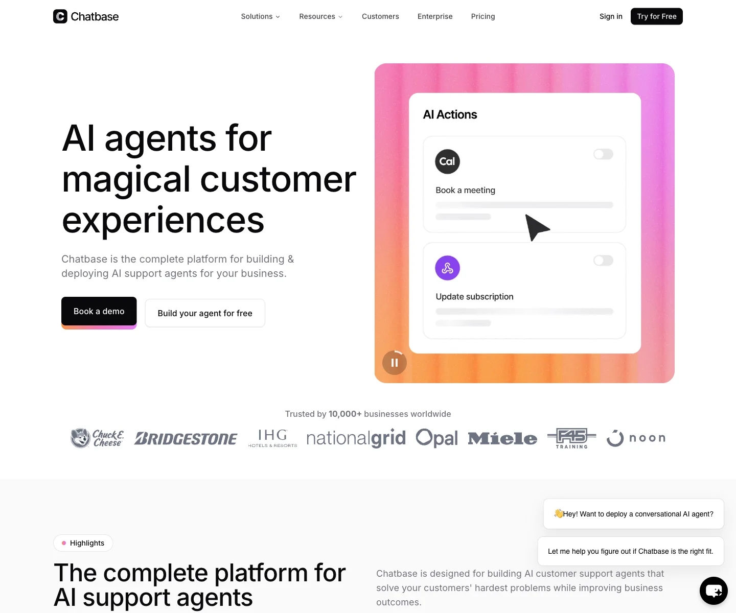 Chatbase homepage showing its AI customer service platform positioning.