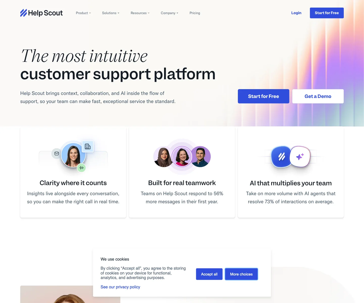 Help Scout homepage showing its customer support software positioning.