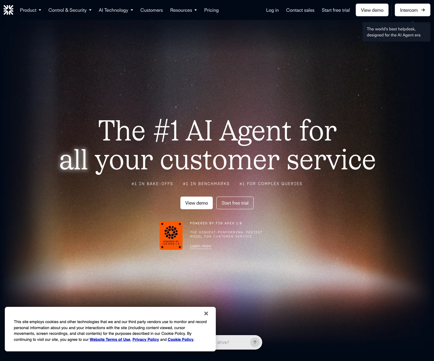 Intercom Fin homepage showing its AI agent for customer service positioning.