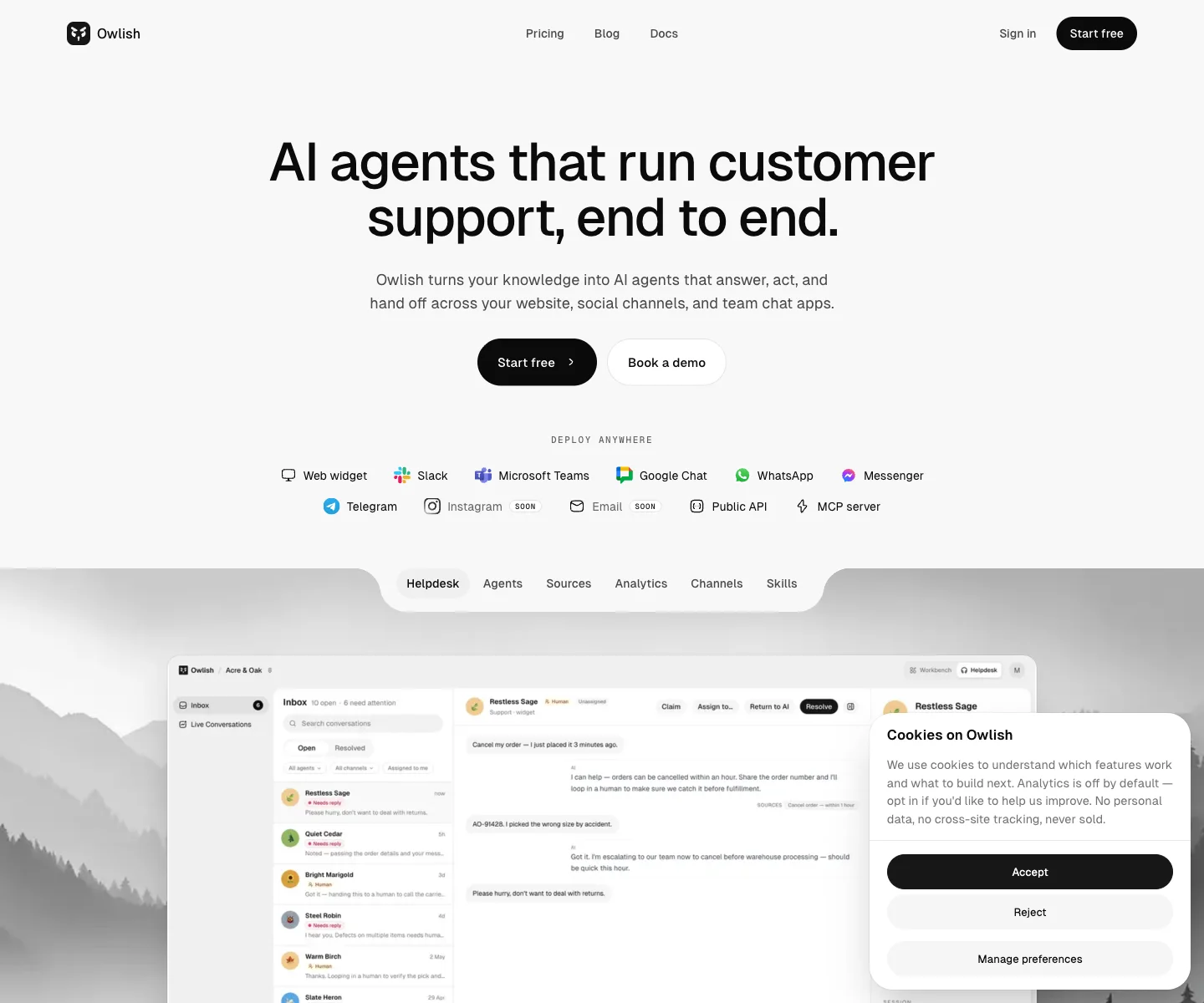 Owlish homepage showing its grounded AI customer support positioning.