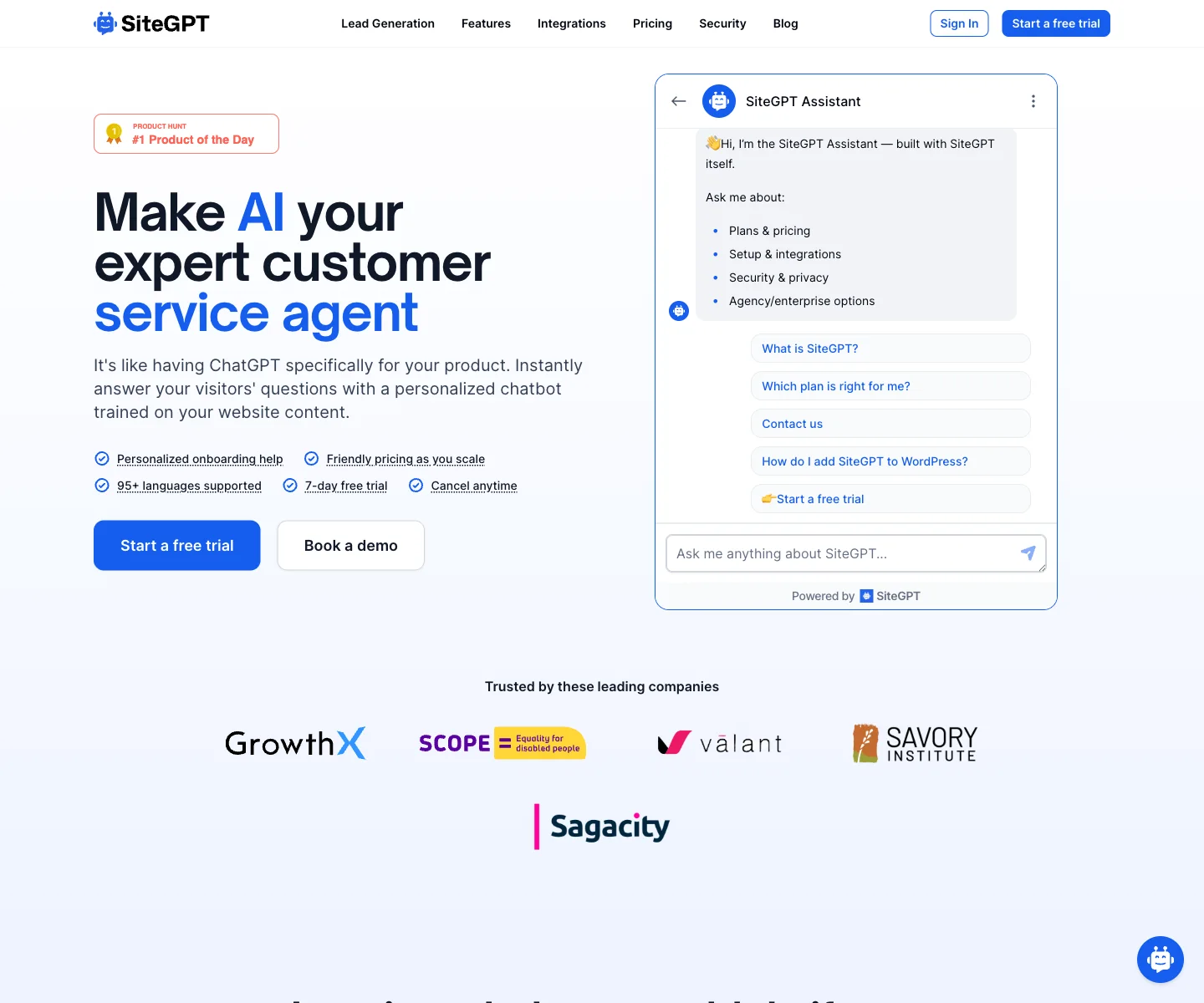 SiteGPT homepage showing its AI customer support positioning.