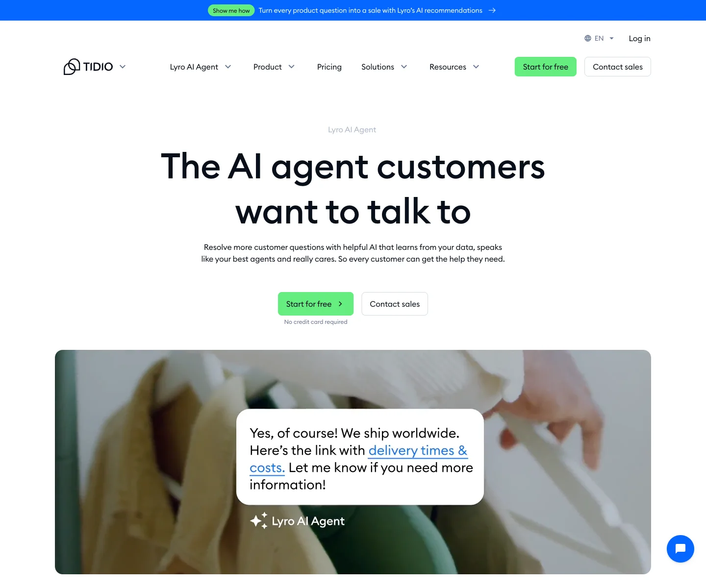 Tidio Lyro page showing its AI customer service agent positioning.