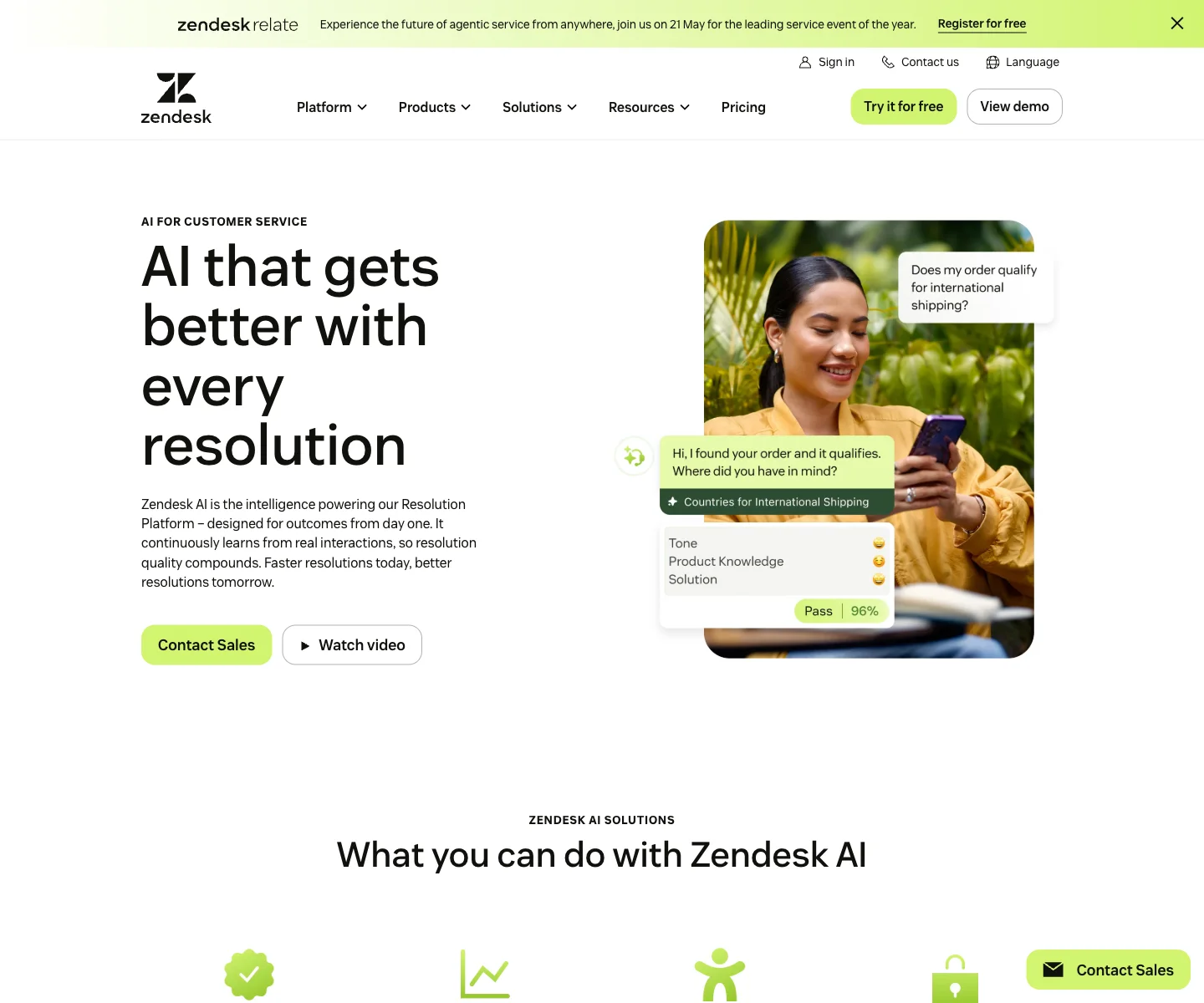 Zendesk AI page showing its customer service AI platform positioning.