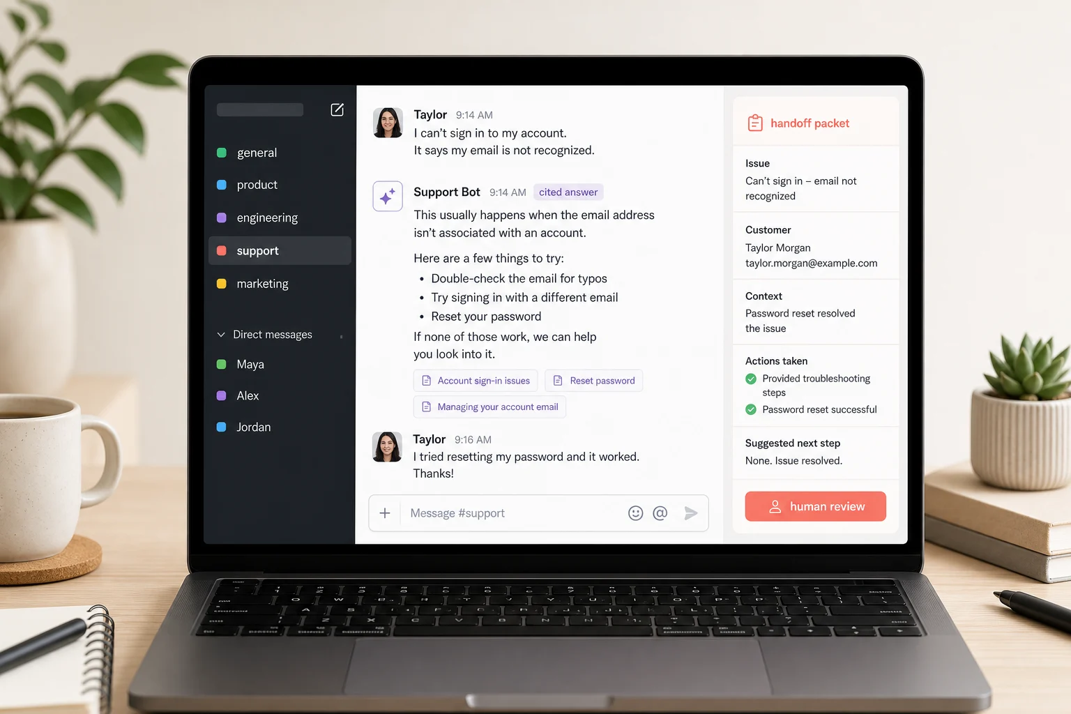 Generic team chat workspace showing a support bot answer with citation chips and a human handoff packet in an operator panel.