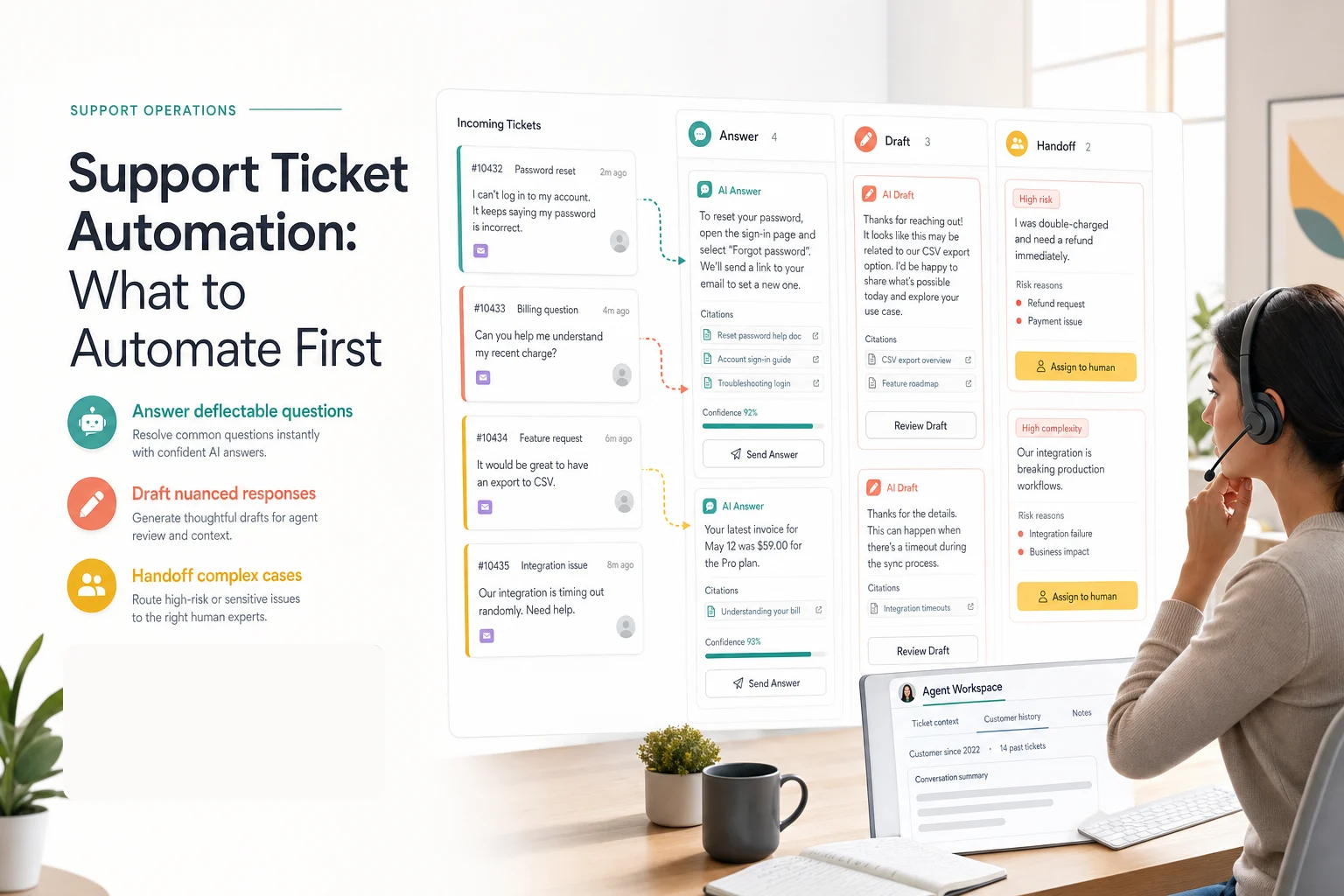 Editorial support operations board showing incoming tickets split into answer, draft, and handoff lanes with citations and a human operator reviewing risky cases.