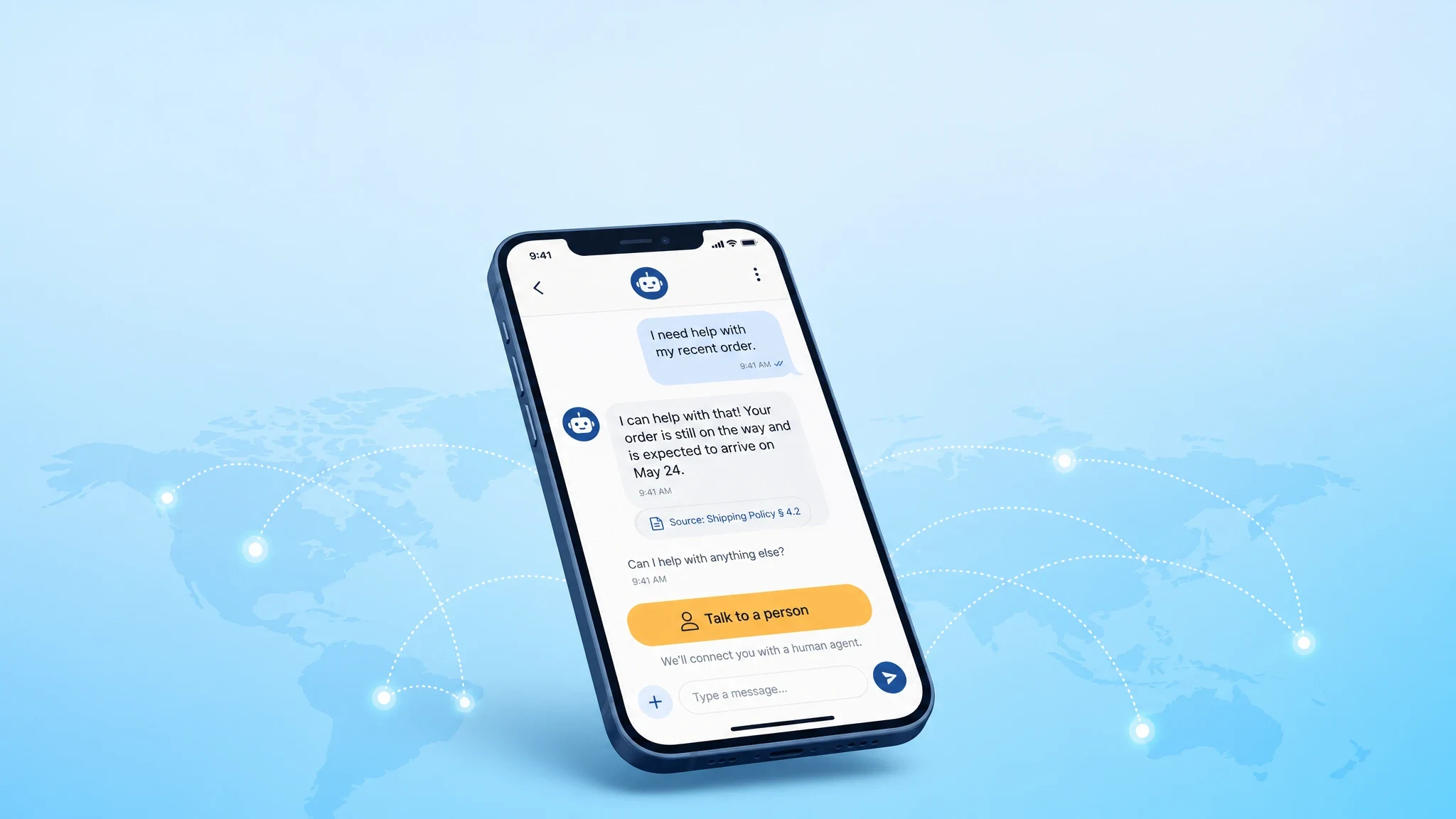 Generic smartphone messaging screen showing a support bot reply with a source citation and a handoff button, styled after a Telegram-like chat interface without any Telegram branding.
