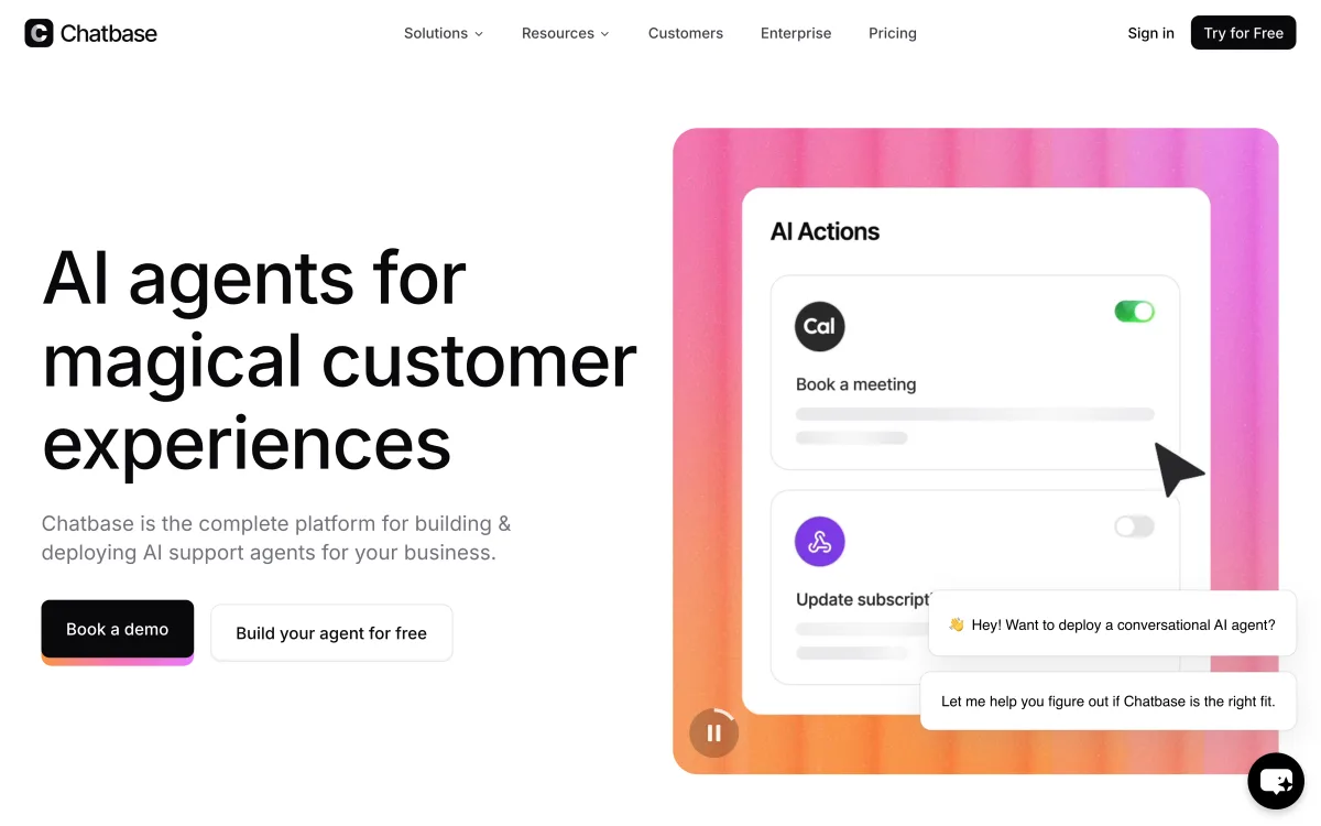 Chatbase homepage showing its no-code custom AI agent builder.